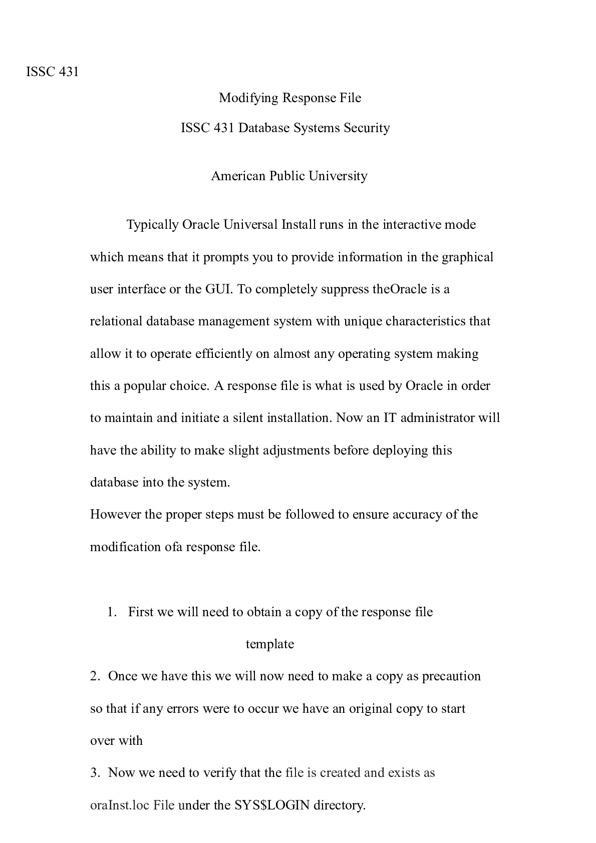 Preview image of Modifying  assignment  4.docx  ISSC 431  Modifying Response File  ISSC 431 Database System document